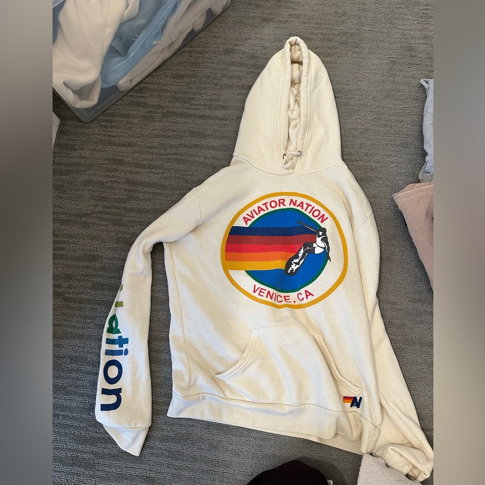 Aviator Nation Cream Hoodie with Rainbow Surf Logo
